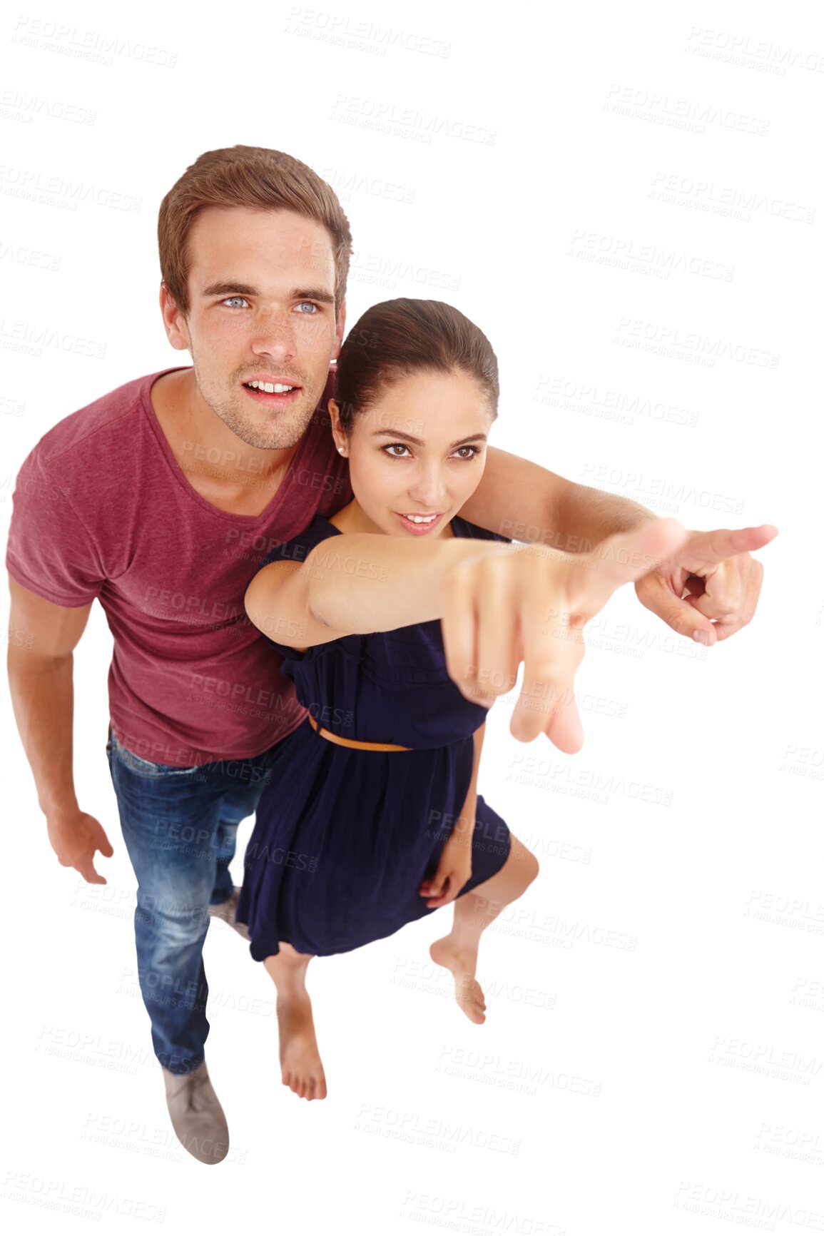 Buy stock photo Couple pointing up, announcement or info in presentation, high angle and relationship. Partner, trust and man with woman, news or offer, notification in air isolated on png transparent background. 