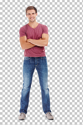 Buy stock photo Portrait, smile and relax with a man arms crossed on a transparent background for trendy style. Fashion, happy and a confident young model on PNG in a clothes outfit with denim jeans for chilling 