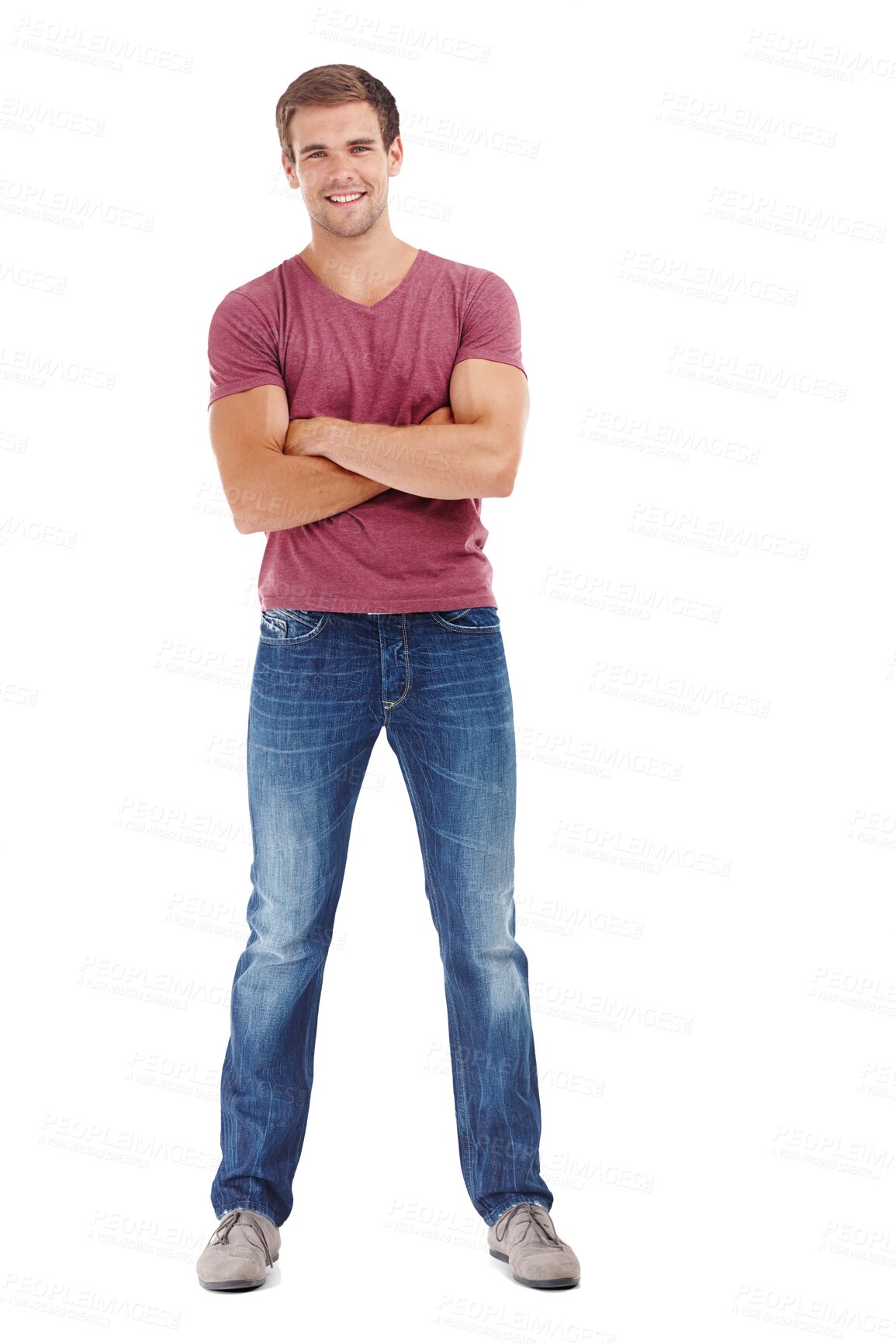 Buy stock photo Portrait, smile and relax with a man arms crossed on a transparent background for trendy style. Fashion, happy and a confident young model on PNG in a clothes outfit with denim jeans for chilling 