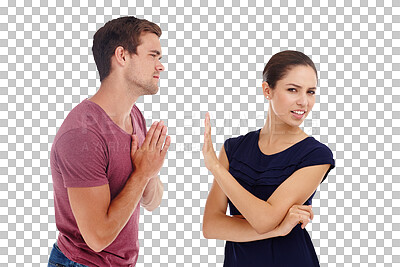 Buy stock photo Couple, arguing breakup and frustration with man, rejection and forgiveness with hand gestures. Depression, sad or divorce with toxic behaviour, argument and isolated on transparent png background