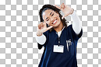 Doctor, portrait or finger frame in hospital about us, medical trust or medicine empowerment on help mock up. Smile, happy or nurse in photography border, hands gesture or woman healthcare wellness