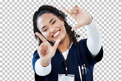 Buy stock photo Woman, doctor portrait and finger frame for medical photography, social media and happy healthcare. Young african nurse or ADN student in picture hands or emoji isolated on transparent png background