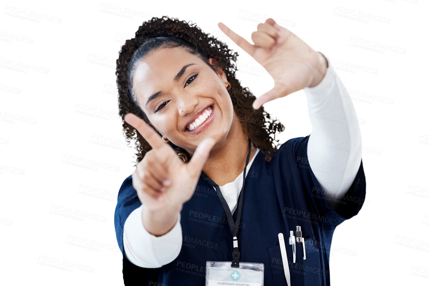 Buy stock photo Woman, doctor portrait and finger frame for medical photography, social media and happy healthcare. Young african nurse or ADN student in picture hands or emoji isolated on transparent png background