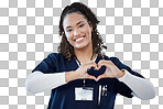 Nurse, portrait or heart hands in hospital wellness, medicine trust or medical support in life insurance, help or vote. Smile, happy or doctor with love gesture in healthcare, emoji or woman security