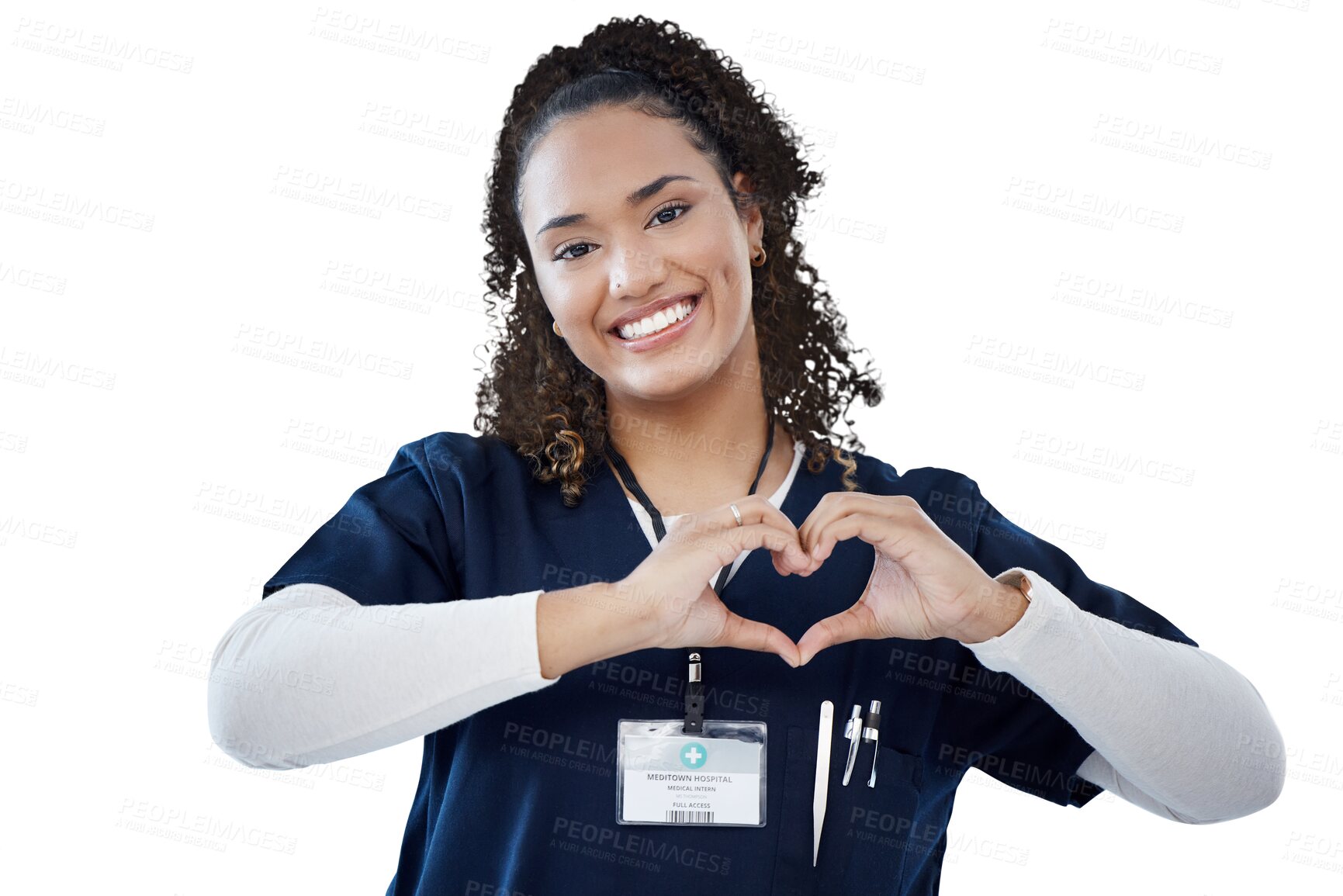 Buy stock photo Isolated nurse woman, portrait and heart hands for smile, pride or care by transparent png background. Doctor, happy medic or wellness professional with face for job, cardiology emoji and hospital