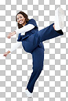 Kick, healthcare and black woman with celebration, achievement and grey studio background. Portrait, Jamaican female and medical professional with leg in air for happiness, promotion and employee