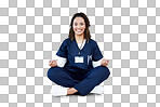 Nurse, portrait or sitting meditation on hospital mockup, clinic mock up or wall for mental health, peace or chakra healthcare. Smile, happy or woman doctor in meditate pose for zen mindset or relax