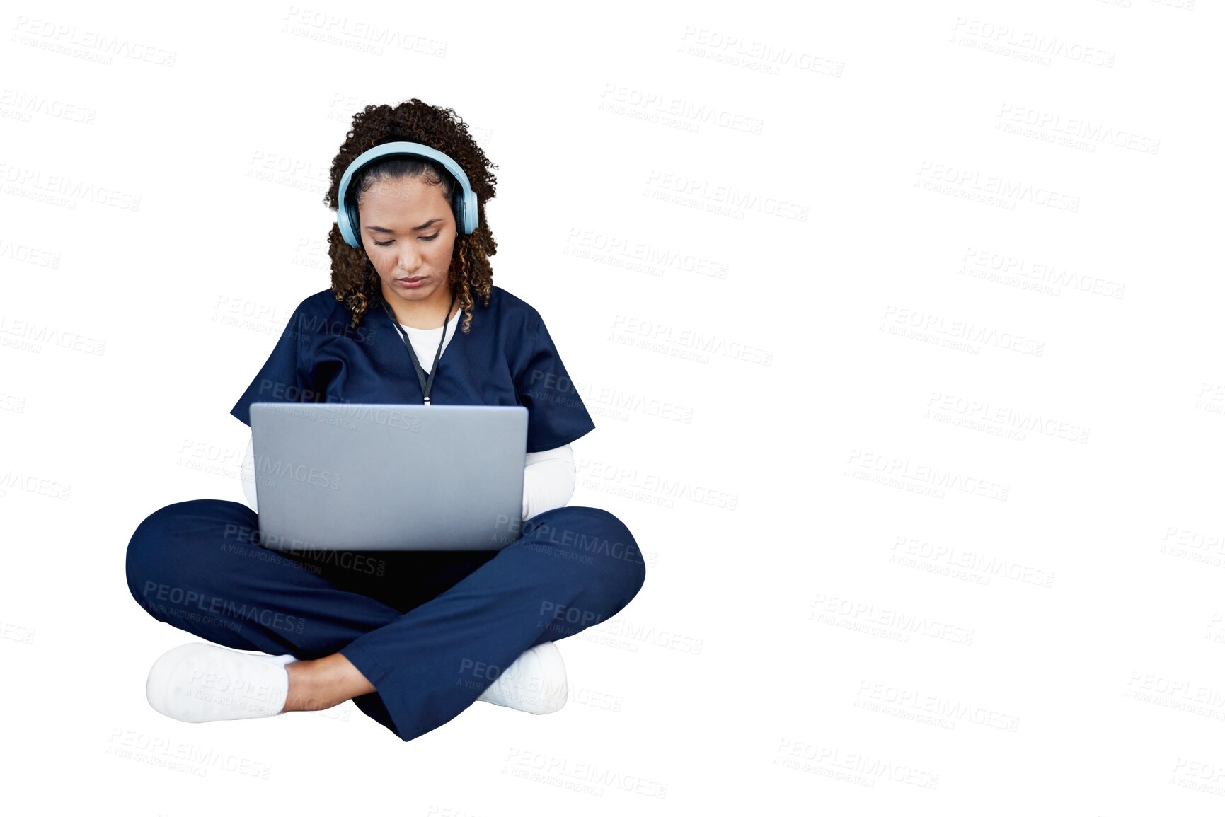 Buy stock photo Nurse, student in headphones and laptop in healthcare research, college planning or education. Medical woman or doctor listening to music or working on computer isolated on transparent png background