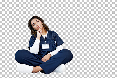 Buy stock photo Nurse, doctor and woman thinking of medical solution, internship decision and brainstorming, goals or ideas. Healthcare student on floor, vision or future plan isolated on transparent png background