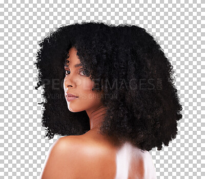 Buy stock photo Hair care, beauty and young black woman with natural, cosmetic and selfcare routine for curly hairstyle. Spa, clean and African female model with afro treatment isolated by transparent png background