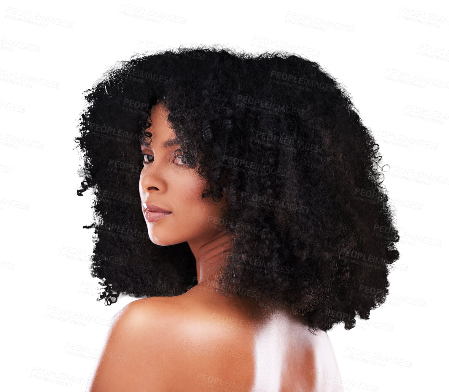 Buy stock photo Hair care, beauty and young black woman with natural, cosmetic and selfcare routine for curly hairstyle. Spa, clean and African female model with afro treatment isolated by transparent png background