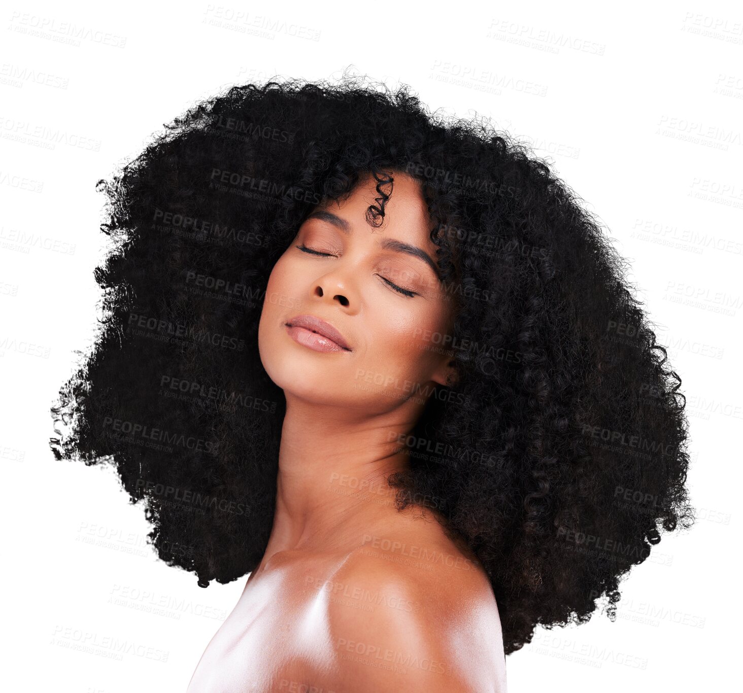 Buy stock photo Skincare, beauty and young black woman with natural, cosmetic and health routine for curly hairstyle. Clean, glow and African female model with afro treatment isolated by transparent png background.