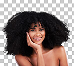 Afro, hair and portrait of black woman with smile on brown background for wellness, shine and natural glow. Salon, luxury treatment and happy girl face with curly hairstyle, healthy skin and growth