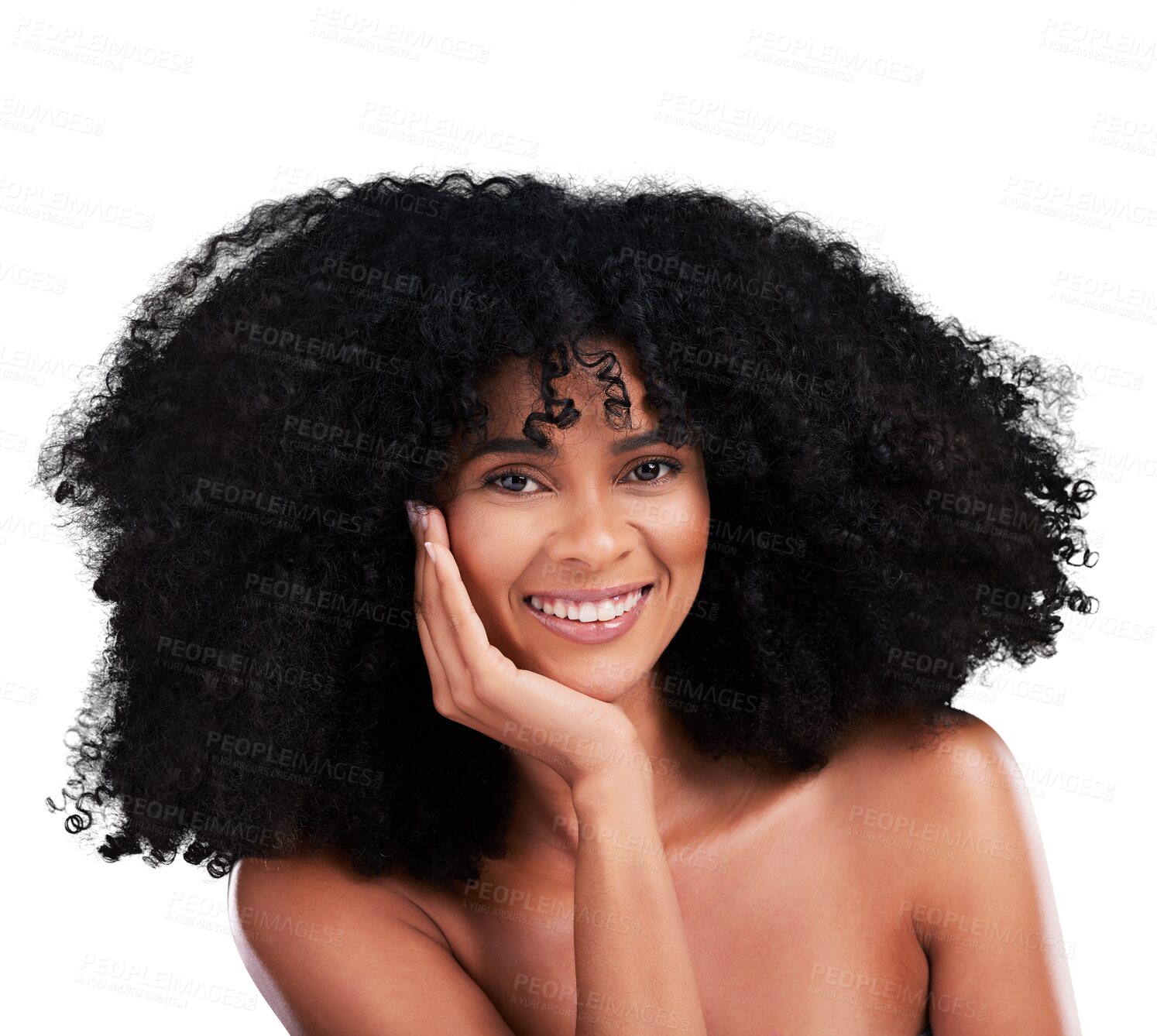 Buy stock photo Health, beauty and portrait of young black woman with natural, cosmetic and selfcare for curly hairstyle. Spa, glow and African female model with afro treatment isolated by transparent png background