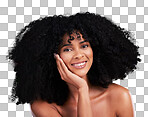 Afro, beauty and portrait of black woman with smile on brown background for wellness, shine and natural glow. Beauty salon, luxury treatment and happy girl face for curly hairstyle, health and growth