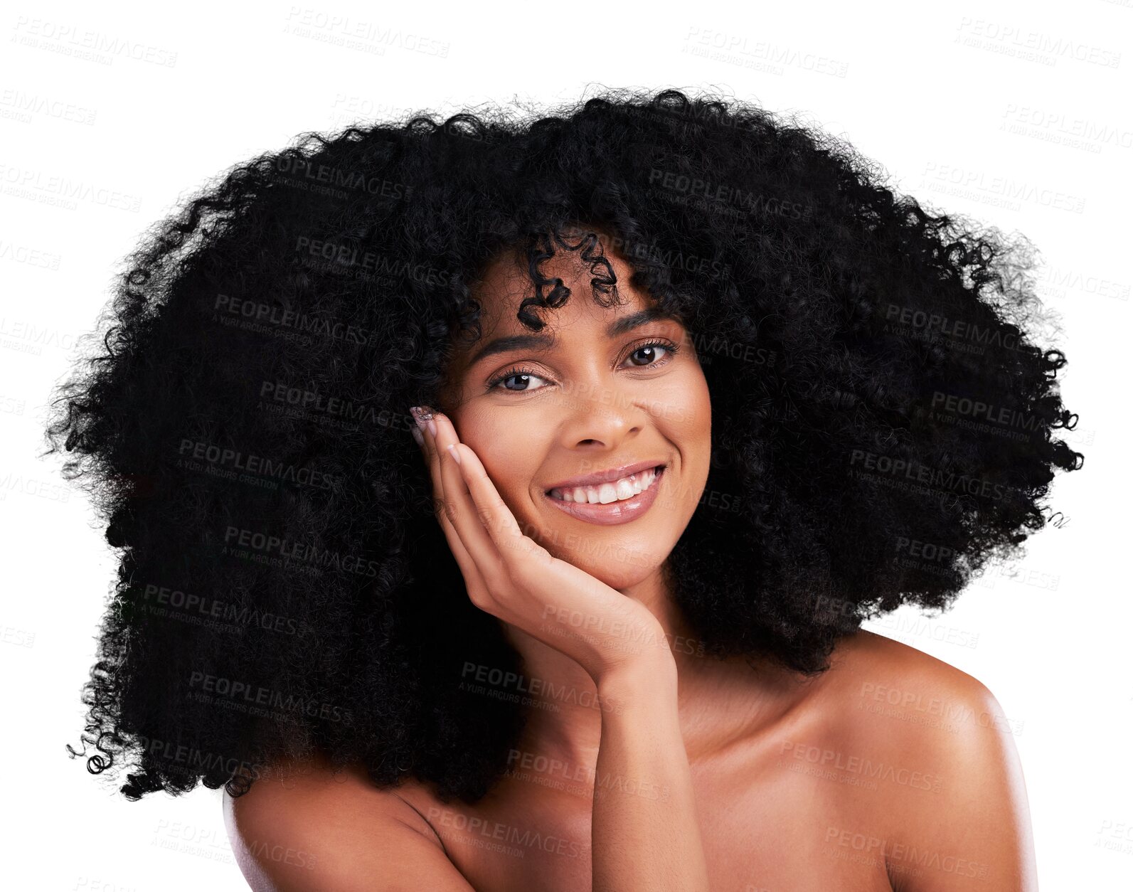 Buy stock photo Happy, beauty and portrait of young black woman with natural, cosmetic and selfcare for curly hairstyle. Spa, glow and African female model with afro treatment isolated by transparent png background.