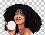 Black woman, studio portrait and coconut for beauty, smile and skincare for health, wellness or beige background. Happy gen z model, african and fruit for natural aesthetic, healthy nutrition or diet