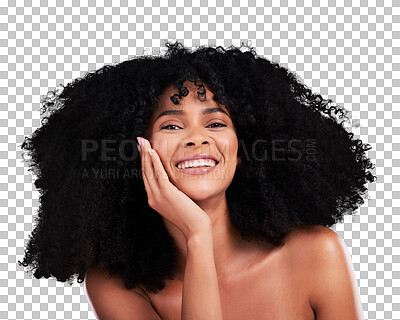 Buy stock photo Hair care, cosmetic and portrait of young black woman with natural, cosmetic and selfcare for curly hairstyle. Spa, glow and African model with afro treatment isolated by transparent png background.