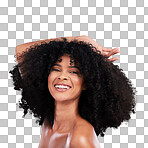 Hair, beauty and portrait of black woman with smile on brown background for wellness, shine and natural glow. Salon, luxury treatment and happy girl face with curly hairstyle, texture and afro growth