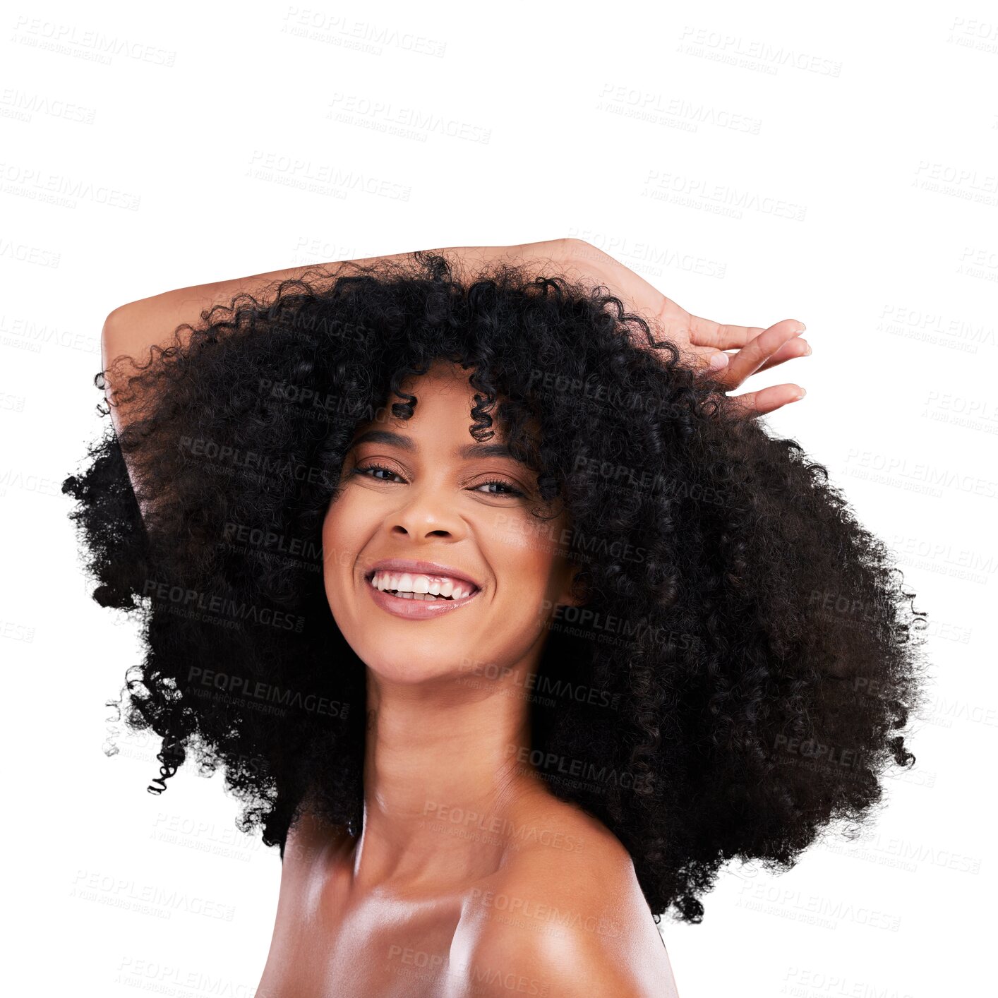 Buy stock photo Smile, makeup and portrait of young black woman with natural, cosmetic and selfcare routine for curly hair. Glow, clean and African model with afro treatment isolated by transparent png background.