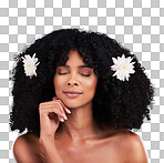 Eyes closed, face and black woman with flowers for hair care in studio isolated on brown background. Floral cosmetics, hairstyle makeup and beauty of happy female model with plant for salon treatment