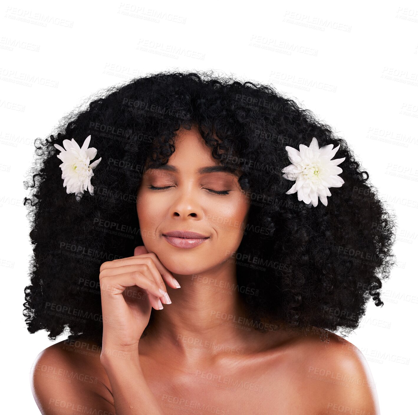 Buy stock photo Woman, flowers for hair care and natural beauty, afro hairstyle and organic cosmetic care with face isolated on png transparent background. Wellness, glow and curls, nature for treatment with texture