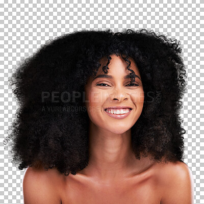 Buy stock photo Portrait, hair and woman happy with natural beauty, afro or cosmetics on isolated, transparent or png background. Curly, haircare and face female model model excited for growth, treatment or texture