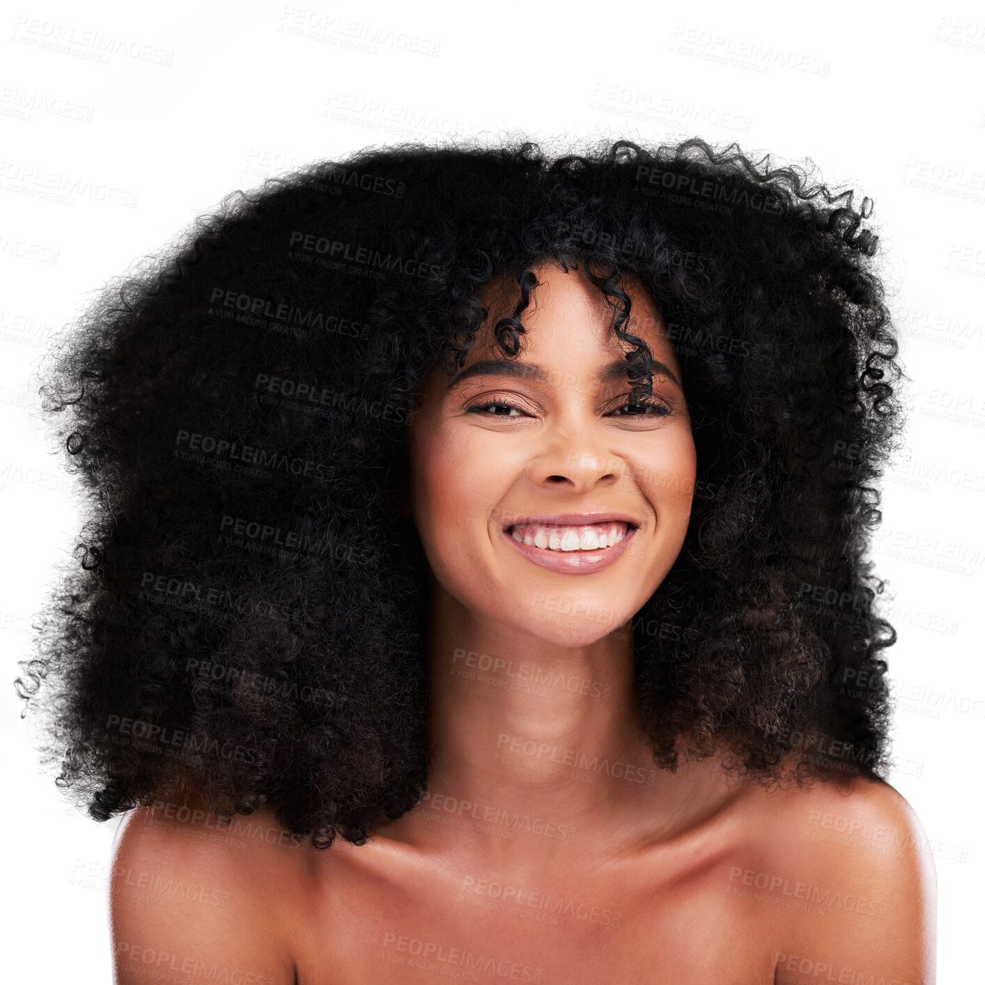 Buy stock photo Portrait, hair and woman happy with natural beauty, afro or cosmetics on isolated, transparent or png background. Curly, haircare and face female model model excited for growth, treatment or texture