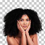 Black woman, portrait or afro hair with hands on face in aesthetic empowerment, curly texture pride or skincare glow. Beauty model, natural or hairstyle ideas and makeup on isolated studio background