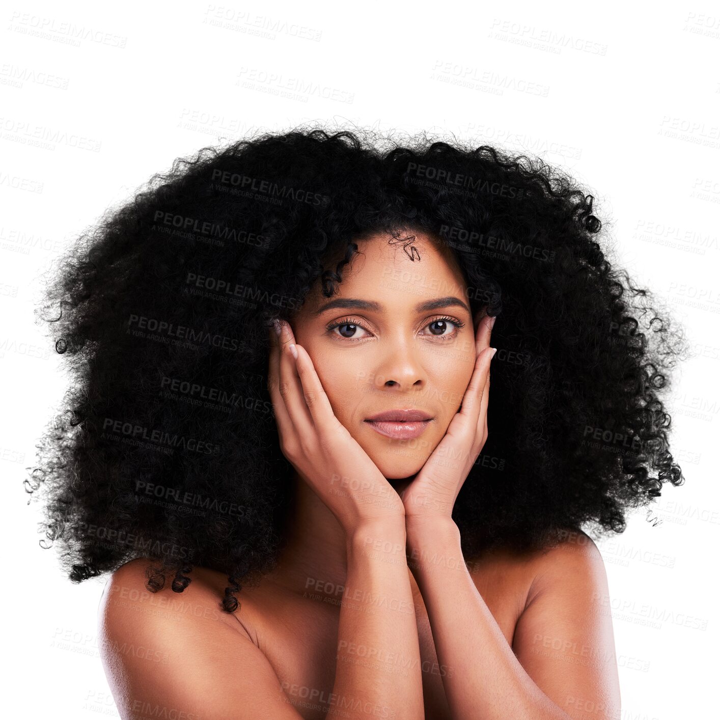 Buy stock photo Hair, face and woman with natural beauty, afro and cosmetic care glow isolated on png transparent background. Haircare, wellness and curly hairstyle with treatment, texture and growth in portrait
