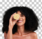 Hair care, face portrait and black woman with lemon in studio isolated on a brown background. Fruit, skincare and happy female model with lemons for healthy diet, nutrition or vitamin c and minerals.