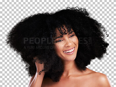 Buy stock photo Smile, black woman and hand in hair with afro and beauty, haircare and cosmetics on png transparent background. Person, natural and cosmetic treatment with curly hairstyle and healthy texture 
