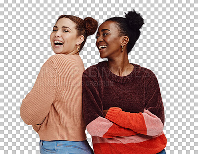 Happy, smile and women friends in a studio together with fun, freedom and positive mindset. Happiness, excited and interracial girl best friends smiling with style while isolated by brown background.