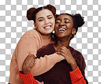 Lesbian, couple hug with young women and happy with fashion and marketing, love and fun together against studio background. Lgbtq community, gen z and freedom with style and lgbt people with pride