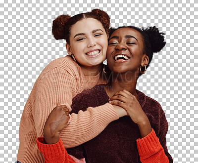 Lesbian, couple hug with young women and happy with fashion and marketing, love and fun together against studio background. Lgbtq community, gen z and freedom with style and lgbt people with pride