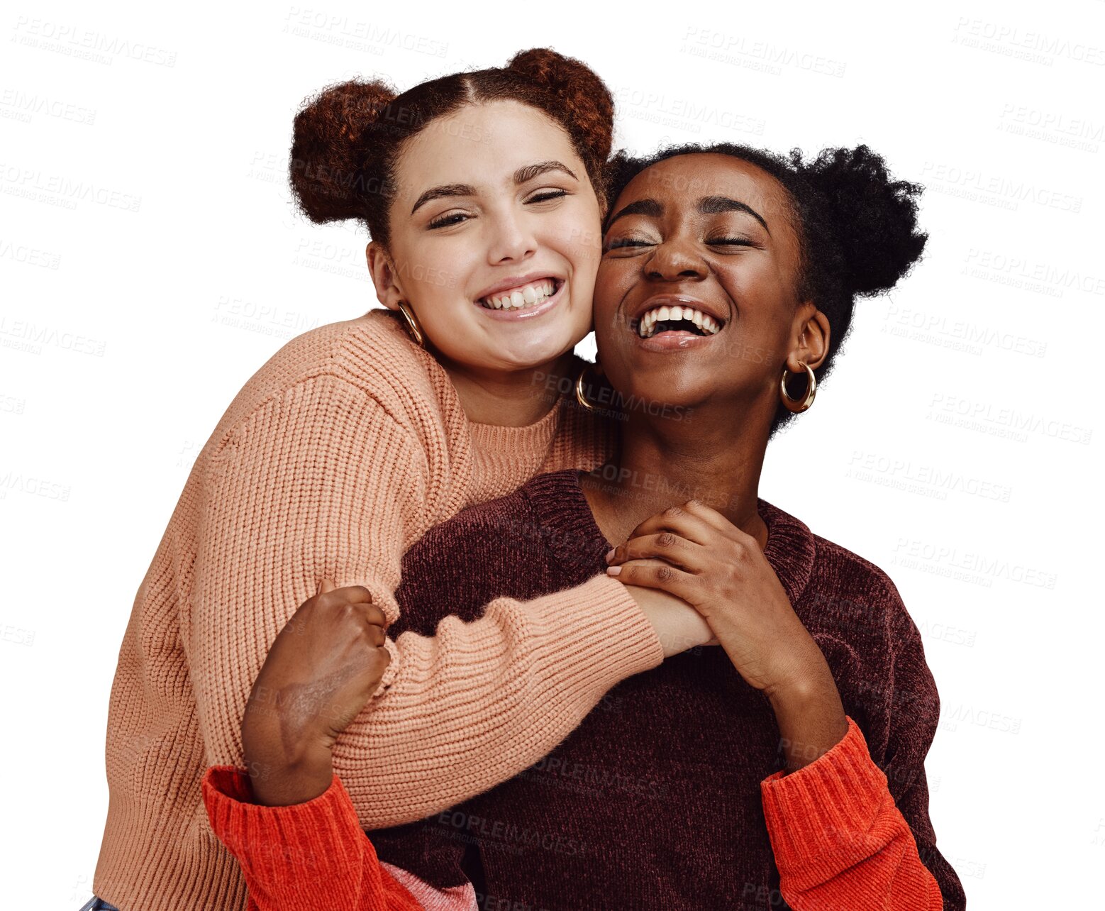 Buy stock photo Fashion, friends and portrait of women hug on isolated, png and transparent background. Diversity, style and people embrace, smile and laugh in trendy clothes, stylish outfit and happy for bonding