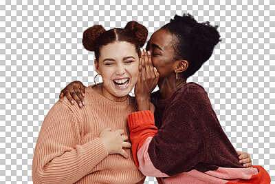 Friends, gossip and women laughing at secret joke on studio background with smile on face. Secrets, rumor and whisper in ear, black woman with happy woman discuss funny announcement for advertisement