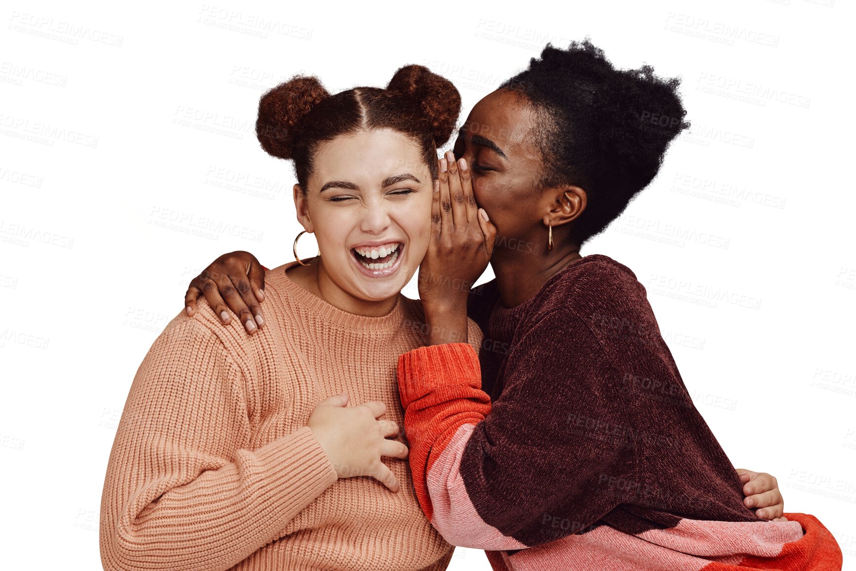 Buy stock photo Friends, gossip and women laughing together at secret joke on png transparent background with smile on face. Comic, rumor and whisper in ear, black person with happiness talking to girl with humor