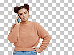 Phone call, upset and woman in a studio with mockup space during an argument, fight or disagreement. Moody, communication and female model on a mobile conversation while isolated by brown background.