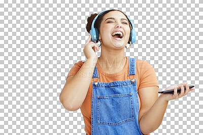 Buy stock photo Smartphone, headphones and young woman with music, singing loud with audio streaming isolated on png transparent background. Happy, sound and mobile app, listen to radio with connectivity and karaoke