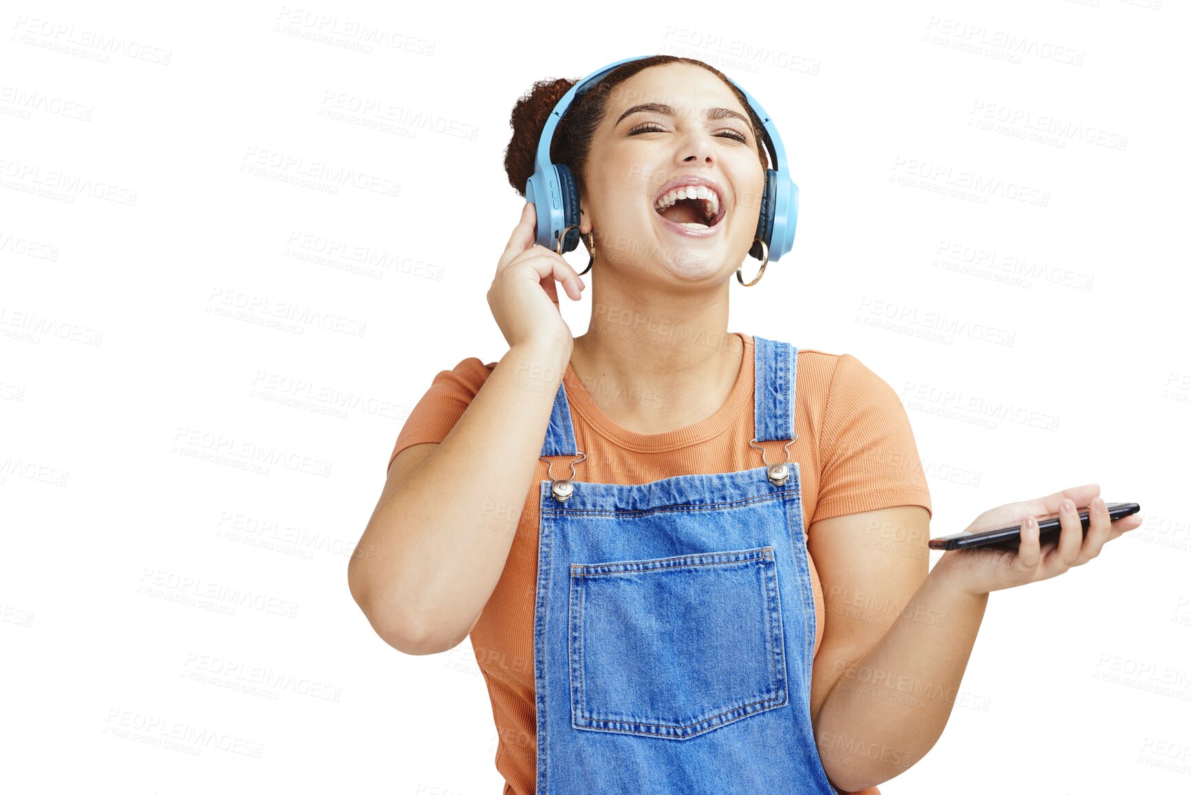 Buy stock photo Smartphone, headphones and young woman with music, singing loud with audio streaming isolated on png transparent background. Happy, sound and mobile app, listen to radio with connectivity and karaoke