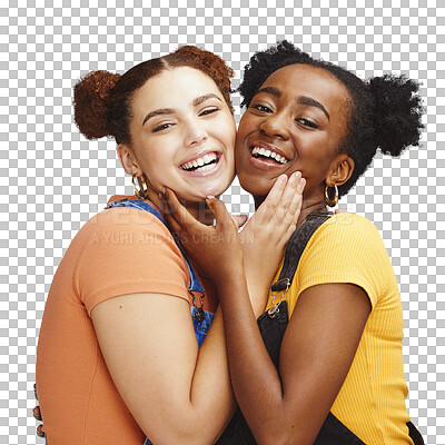 Friends, hug and portrait smile for happy friendship, lesbian or relationship against a blue studio background. Face of interracial female couple smiling and touching in pride for LGBTQ and fashion