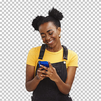 Black woman with smartphone in hands, smile and happy with chat or social media, communication isolated on blue background. Technology, happiness and gen z youth, phone with internet wifi and mockup
