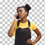 Phone call, confused and black woman on blue background with spam problem, network and connection. Communication, advertising and girl in conversation, talking and scam with smartphone in studio