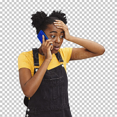 Buy stock photo Woman, student and phone call with stress, headache or worry for news, information and school fail or mistake. African person shocked on mobile for bad results isolated on transparent png background