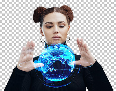 Globe hologram, futuristic tech and woman, technology innovation with future, ai and cyberspace against studio background. World, network and digital with metaverse and young girl face, 3d and matrix