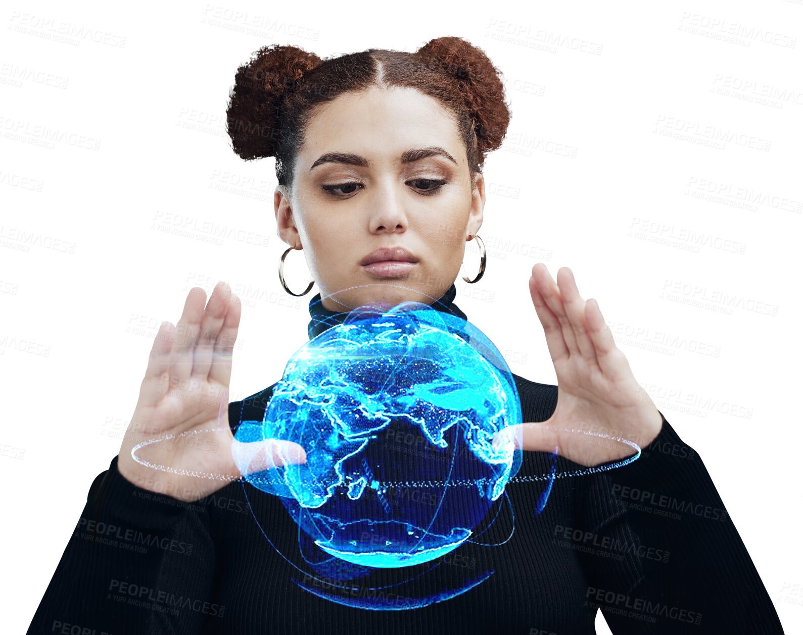 Buy stock photo Young woman, hands and hologram of Earth, global network and innovation isolated on png transparent background. 3D globe, digital world and futuristic with cyber space and tech development overlay