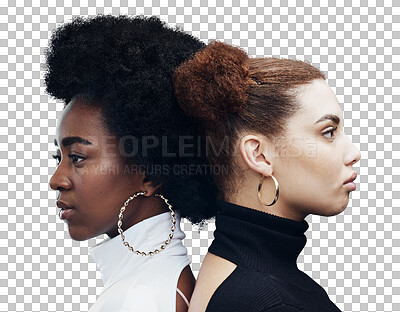 Fashion, hair care and women with futuristic diversity, cyberpunk aesthetic and isolated on a studio background. Future, creative and models modeling for a designer brand with a vision on a backdrop