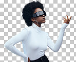 Fashion, futuristic and black woman with sunglasses, cyberpunk and against a studio background. African American female, lady and gen z youth with beauty, designer glasses and marketing with vision 