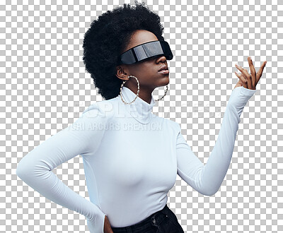 Fashion, futuristic and black woman with sunglasses, cyberpunk and against a studio background. African American female, lady and gen z youth with beauty, designer glasses and marketing with vision